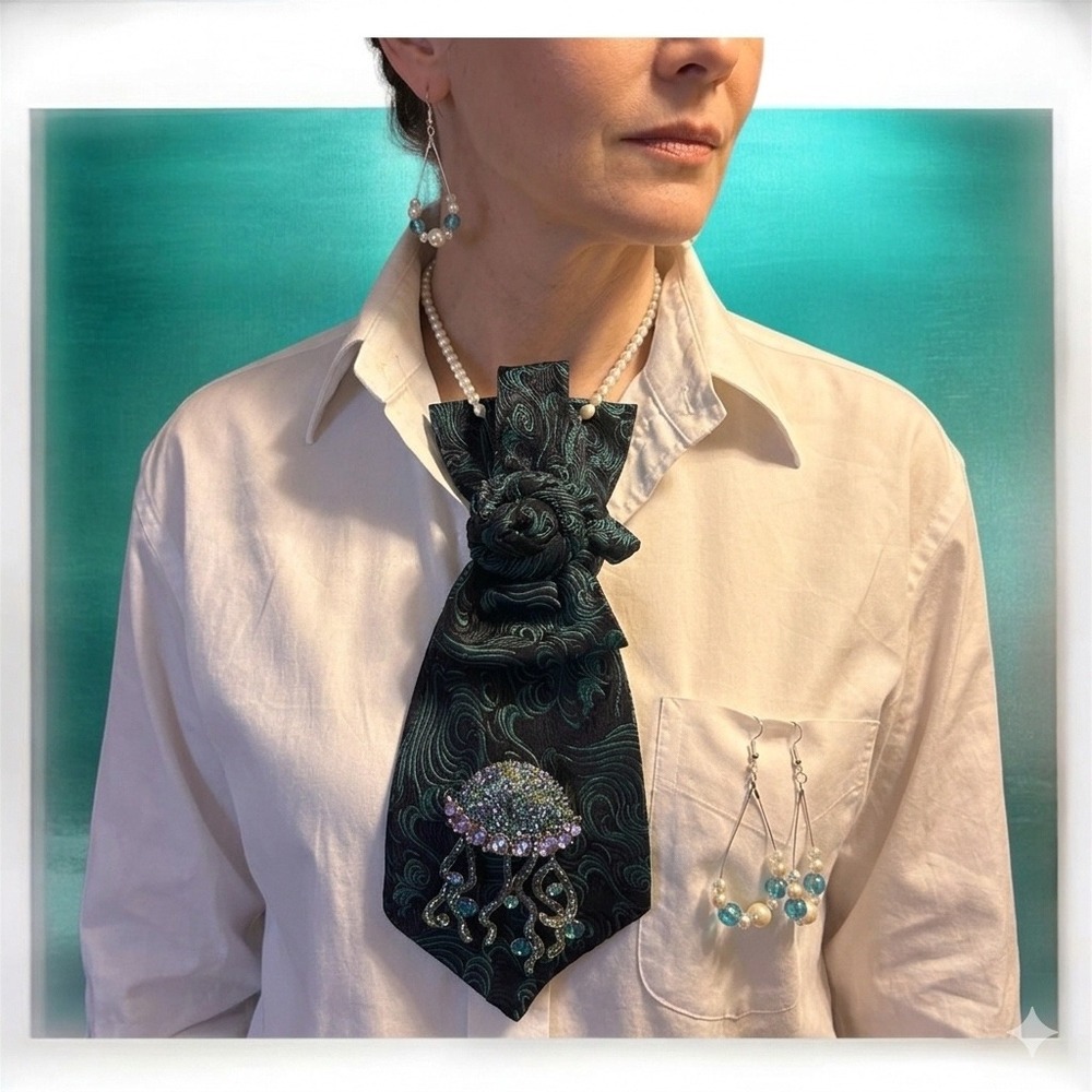Bachrach Silk Jellyfish Necklace and Earrings Set Teal Black Nautical
